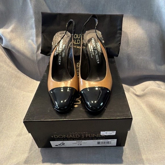 Donald J Pliner Shoes - Donald J Pliner Slingback Stiletto Heels Cap Toe Colorblock Camel Black. Y2K